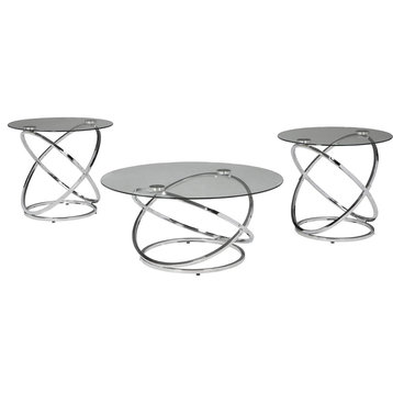 Elegant Coffee Table Set, Chrome Ring Base With Tempered Glass Top