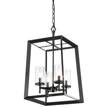 4-Light Antique Black Geometric Cage Lantern Pendant With Clear Glass Shades