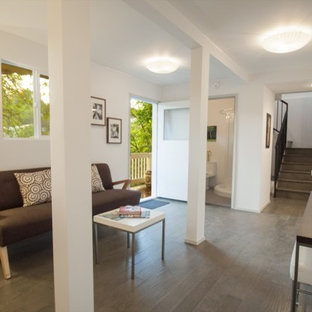 Design ideas for a medium sized retro walk-out basement in Los Angeles with white walls, medium hardwood flooring and no fireplace.