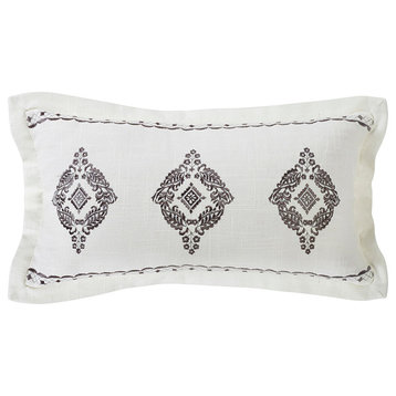 Oblong Grey Embroidered Lace Design Pillow With Flange, 10x18