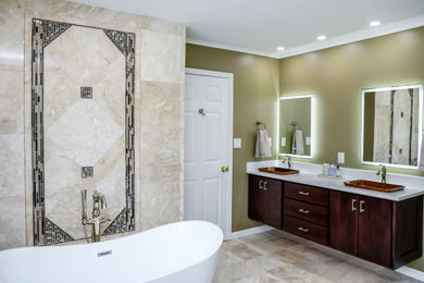 Mid-sized trendy master beige tile and marble tile marble floor, beige floor and double-sink bathroom photo in Boston with flat-panel cabinets, dark wood cabinets, a one-piece toilet, green walls, a vessel sink, quartz countertops, a hinged shower door, white countertops and a floating vanity