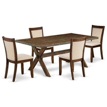 X777MZN32-5 Dining Table and 4 Light Beige Chairs - Distressed Jacobean Finish