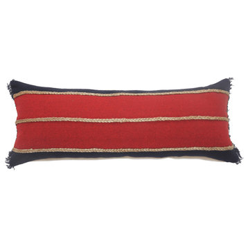 14" X 36" Red Navy And Tan 100% Cotton Striped Zippered Pillow