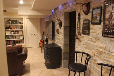 Inspiration for a mid-sized rustic enclosed and formal porcelain tile and beige floor living room remodel in Nashville with beige walls, no fireplace and a wall-mounted tv