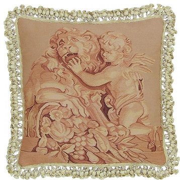 Aubusson Throw Pillow Square 20"x20"  Pink/Beige Cupid Lion Handwoven
