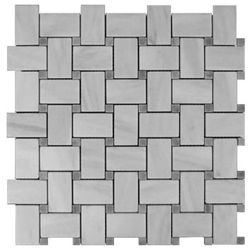 12"x12" Carrara Marble Bianco Basketweave Tile, Bardiglio Gray Dots Polished