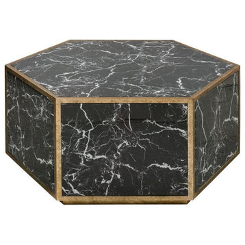 Hexagonal Black Marble Indoor Coffee Table in Gold Leaf Finish Block Type Base