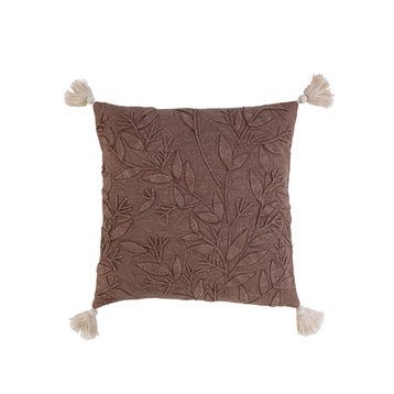 18" Square Stonewashed Cotton Pillow, Tassels, Aubergine, Natural