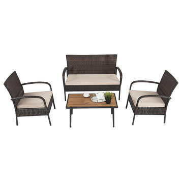 Costway 4PCS Patio Rattan Furniture Set Outdoor Coffee Table W/ Cushions