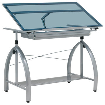 Avanta Drafting Table, Silver/Blue Glass