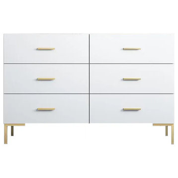 Modern White Bedroom Dresser 6-Drawer Accent Cabinet in Gold