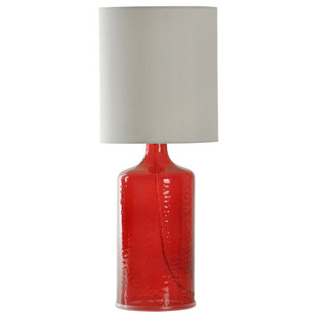 Seeded Glass Table Lamp Cherry Red Finish White Hardback Linen Shade
