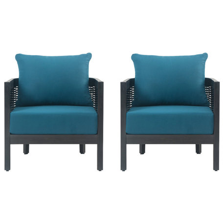 Alden Outdoor Acacia Wood Club Chairs With Cushions, Set of 2, Black/Dark Teal