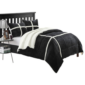 Chloe Plush Microsuede Sherpa Lined Black Queen 3-Piece Comforter And Shams Set