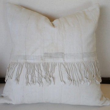 Pair of Creamy White African Mudcloth Pillows with Original Fringe Accents