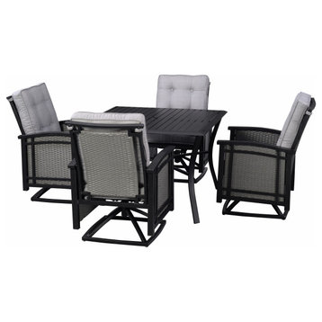 Outdoor 5 pc Aluminum and Wicker Swivel Rocking Patio Cushioned Dining Set, Gray