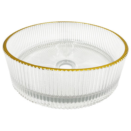 CastelloUSA Cowrie Tempered Glass Crystal Round Bathroom Vessel Sink, Clear/Gold Rim, 16"