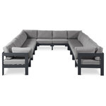 Meridian Furniture - Nizuc Water Resistant Patio U-Shaped Modular Sectional, Gray, 12-Piece: 8 Armless Chair, 4 Corner Chair, Dark Gray Aluminum Frame - Pick and choose your favorites from the Nizuc collection to create a modular seating group the whole gang will enjoy. The sturdy aluminum frame provides dependable support for friends and family as they relax and unwind, and the resilient grey water resistant fabric stands up to the elements without losing its beautiful demeanor, so you can count on it lasting for the long haul. Latches beneath these seating pieces help you easily attach them to one another for convenient setup.