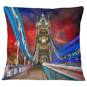 Storm Over Tower Bridge at Night Cityscape Photo Throw Pillow, 16"x16"