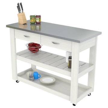 Modern Kitchen Cart, Sturdy Stainless Steel Top & Spacious Drawers, Washed Oak