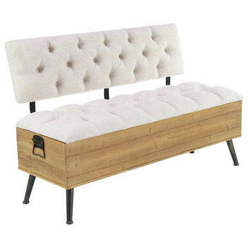 Industrial Storage Bench, Wood Legs With Diamond Button Tufted Back, Cream/Black