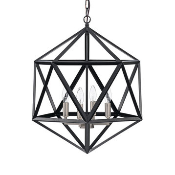 4-Light Matte Black Geometric Cage Chandelier with Brushed Nickel Farmhouse
