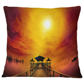 Exotic Wood Pier under Yellow Sun Sea Bridge Throw Pillow, 18"x18"