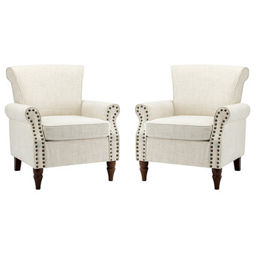 32.5" Wooden Upholstered Accent Chair With Arms Set of 2, Ivory