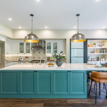 Teal Island Kitchen with Statement Dome Pendants in San Diego