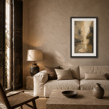 The Quiet Piazza Framed Art in a Neutral Living Room