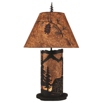 Small Kodiak and Woodchip Cabin Scene Table Lamp With Nightlight