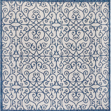 Madrid Vintage Filigree Textured Weave Indoor/Outdoor, Cream/Blue, 5' Square