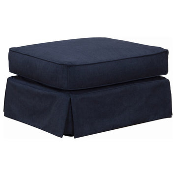 Box Cushion Slipcovered Ottoman, Stain Resistant Performance Fabric, Navy Blue