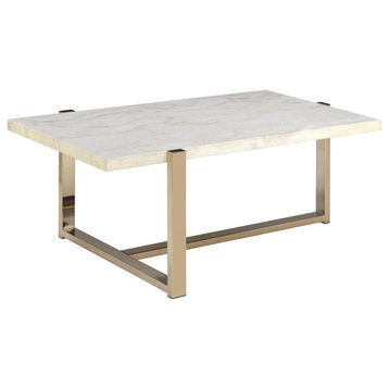 Modern Metal Framed Coffee Table With Faux Marble Top White And Gold- Saltoro