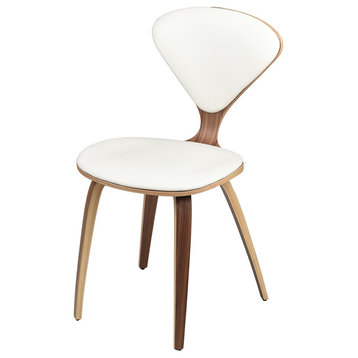 Satine Dining Chair with Walnut Frame and Leather Seat Pads, White Leather