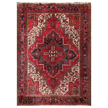 6'7''x8'10'' Hand Knotted Wool Heriz Oriental Area Rug Red, Ivory