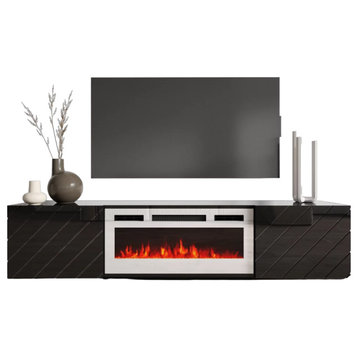 Modern Wall Mounted TV Stand, Linear Patterned Doors & Fireplace, Black/White