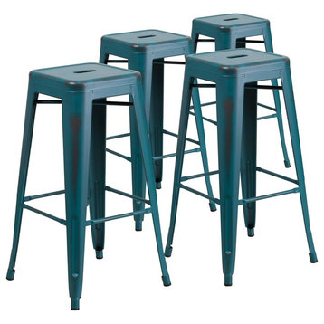 30" Backless Distressed Kelly Metal Indoor Barstool, Blue, Set of 4
