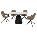 Armen Living - Knox Penny 5 Piece Dining Set With Stone Top and Brown Fabric Chairs - Enjoy an intimate meal or host a dinner party with the Knox Penny 5 Piece Dining Set with Stone Top and Upholstered Chairs. This set includes 1 Knox dining table and 4 Penny swivel dining chairs. Featuring a sleek and modern silhouette, this kitchen chair attains a chic and stylish presence in any room. The streamlined back elegantly flows into the sloping arms to offer a dose of comfort and style. A stylish cut-out in the back lightens the sculptural appeal of our dining room chair. Finished off with pyramid-shaped black metallic legs, the chair serves as a striking and sturdy accent for any corner. The dining table chair includes a tall back, padded arms, and a cushioned seat to deliver a cozy and comfortable stay. From offering a comfy seat in your kitchen to serving as a stylish and comfortable accent chair for your workspace, the Penny brings comfort and convenience to any room. It includes a 180-degree swivel function allowing you to follow conversations with ultimate ease. The refined and distinctive silhouette of the dining table attains a statement-making appeal in any room. It features a perfectly rounded tabletop perched upon an eye-catching pedestal base. Its sintered stone tabletop depicts the graceful and natural textures of white marble to add a polished touch to your casual or formal meals. This tabletop is resistant to etching, scratches, burns, and stains as a durable yet elegant alternative to quartz. It is perched upon a black metal base to attain contrast and a versatile appeal. The round dining table can comfortably seat up to six individuals for enjoying meals in your kitchen, dining room, or living space. A 55" round shape allows the table to function as a natural hub for conversations. The Knox Penny dining set is available in 5 and 7 piece set configurations and features a white stone tabletop with black metal base and your choice of gray or brown upholstered swivel dining chairs with black metal legs.