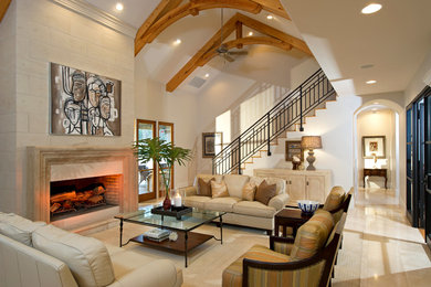 Inspiration for a large traditional formal open concept living room in Orlando with white walls, ceramic floors, a standard fireplace and a stone fireplace surround.