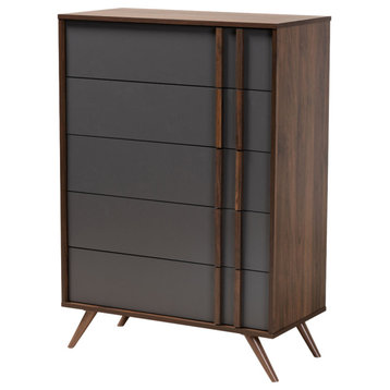 Colwyn Two-Tone Gray and Walnut Wood 5-Drawer Bedroom Chest