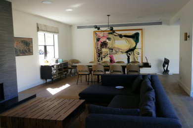 Photo of a large modern formal open concept living room in Sydney with white walls, dark hardwood floors and a wood stove.