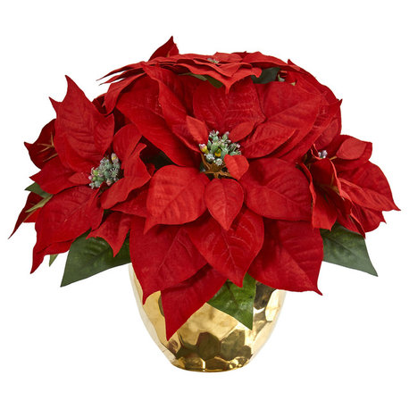 Poinsettia Artificial Arrangement in Golden Vase