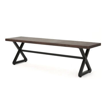 GDF Studio Rosarito Outdoor Aluminum Dining Bench With Black Steel Frame, Brown