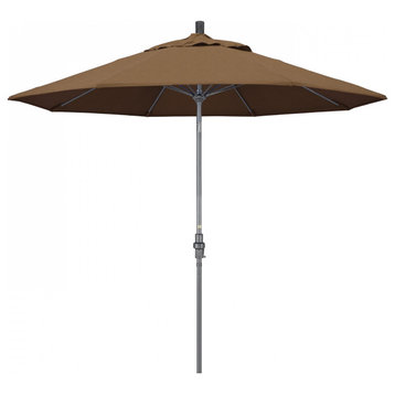 9' Grey Collar Tilt Lift Fiberglass Rib Aluminum Umbrella, Teak