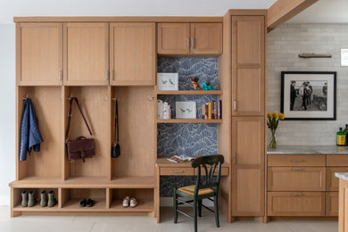 Entryway - large contemporary porcelain tile, gray floor and wallpaper entryway idea in Austin