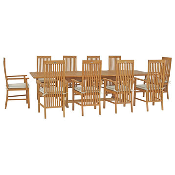 11 Piece Teak West Palm Patio Set, Rectangle Double Extension, 10 Arm Chairs