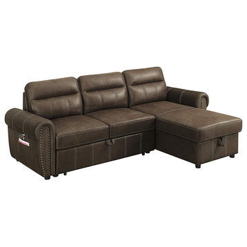 Transitional Sectional Sleeper Sofa, Reversible Design With USB Ports, Brown