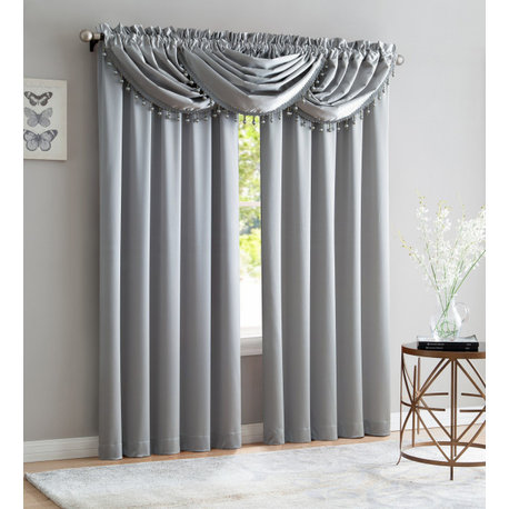 Bridget 5 Piece Curtain Set with Beaded Austrian Valances, Silver