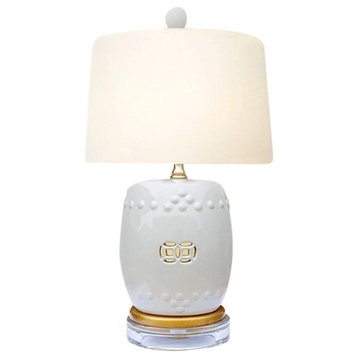 White Porcelain Garden Stool Lamp, Acrylic Base Shade and Finial 17"
